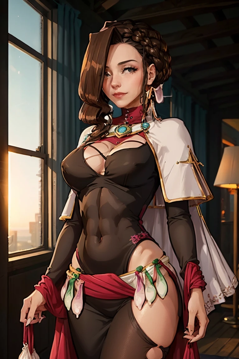 8k, ray tracing, vibrant colors, (1girl), (solo:1.4), (justine courtney:1.8), hair over one eye, braid, black dress, (tight bodycon dress), white cape, brown hair, (brown eyes:1.4), milf, large breasts, masterpiece, sharp focus, Best Quality, depth of field, cinematic lighting, very detailed clothes, (used condoms, condom belt, used condom belt, condom hair ornament:1.6), (abs), ((seductive smile)), Perfect eyes, perfect hair, Rich in details and textures, masterpiece, Best Quality, beautiful girl, Sun light, chiaroscuro, (perfect hands:0.7, Clean hands:0.7), ((((Professional photography)))), ((Dream)), Whole body
