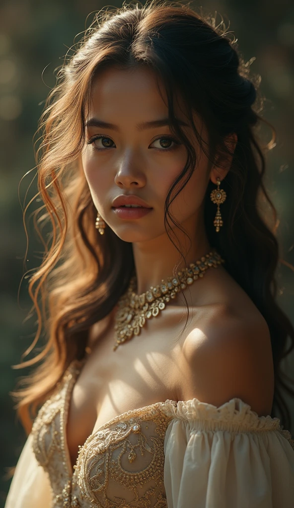 A beautiful girl, detailed face and eyes, intricate jewelry, elegant dress, soft lighting, fantastic atmosphere, cinematic composition, muted color palette, dramatic lighting, photo realism, masterpiece.