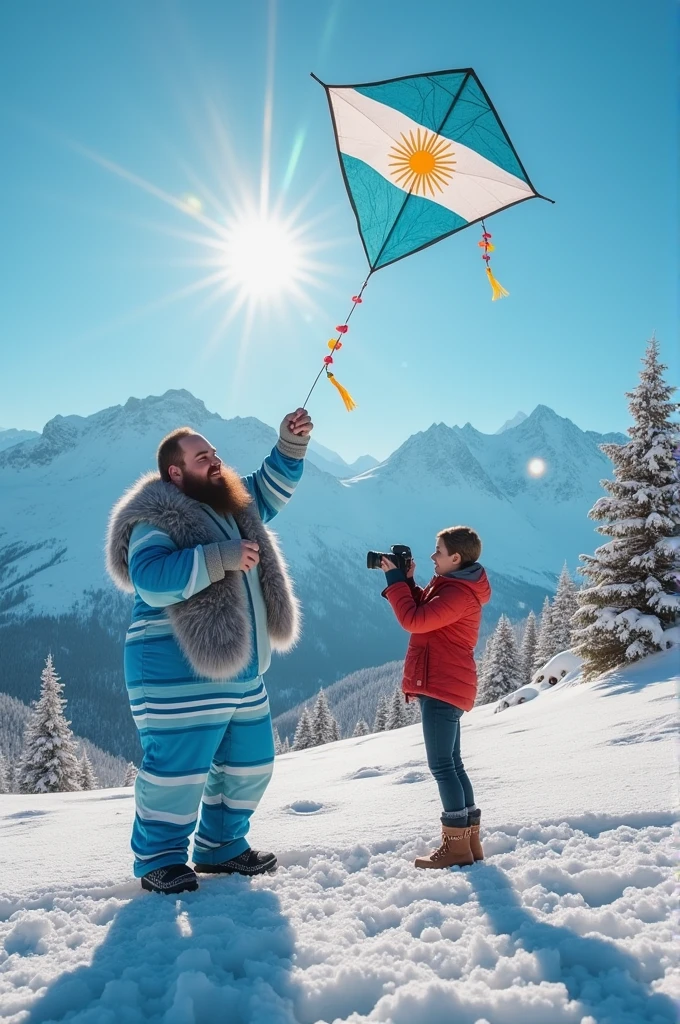 A chubby, bearded man flying a kite on a snowy mountain, with an Argentine flag in the background, with a blue and white striped outfit, while a short woman smiles and photographs him