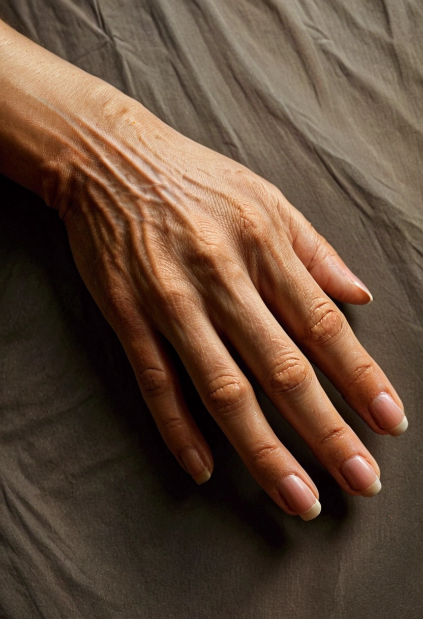 Hand, Close-up of Hands, a close-up portrait of a person's hands, detailed skin texture, veins, wrinkles, delicate fingers, intricate gestures, warm lighting, soft focus, cinematic composition, dramatic chiaroscuro, hyper-realistic, rich tones, oil painting, masterpiece, best quality, very aesthetic, absurdres