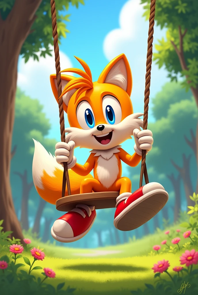 Tails Prower, Miles Prower, solo, looking at viewer, smile, 1boy, sitting on a swing full body, 2d animation with his shoes and gloves on