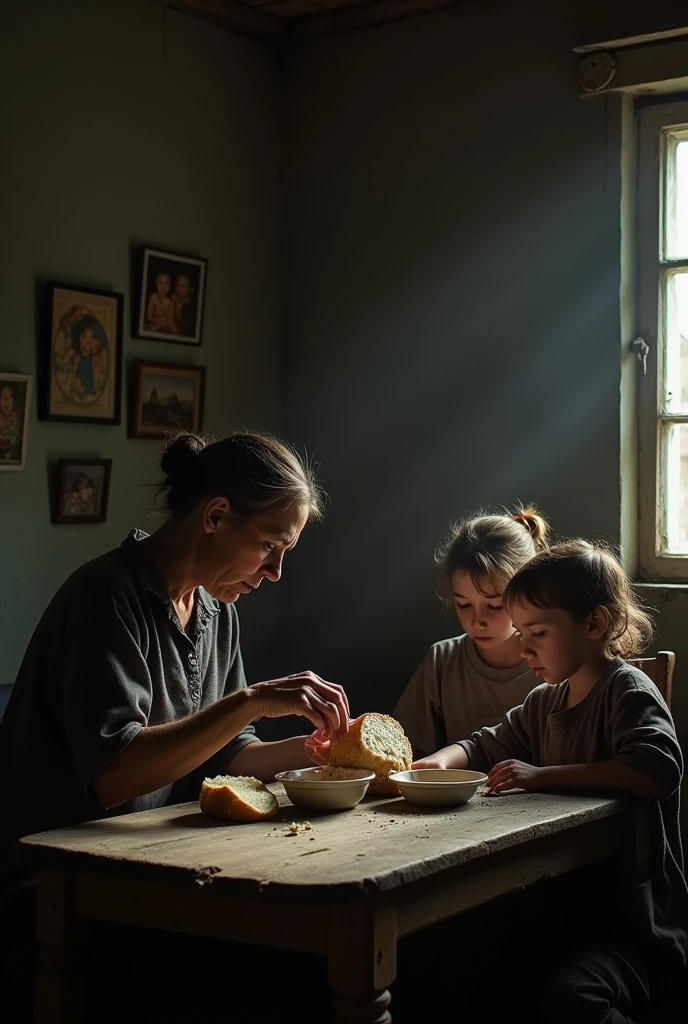 A sad family distributing the little food they have