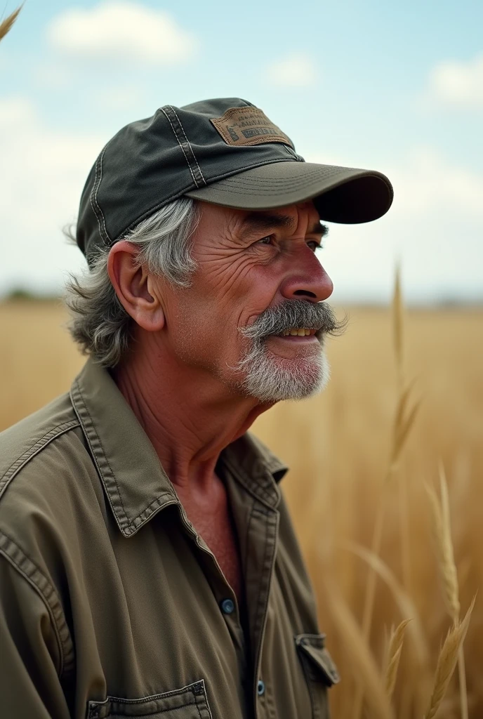 A 57 year old man,smoker,wiry hair , he has yellow teeth,mustache,pessimist,he wears worker's clothes, and a hat .In the background a pampa looking ahead smoking is poor 
