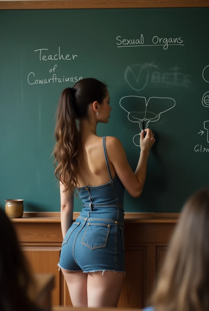 Magnificent detail, 8K Photos, hyper- realism, realistic background, visual depth, wide angle lens, professional light, pov adult students {The scene shows a sensual female teacher 25 years old brunette white skin beautiful, very tasty, curvilinear, writing on a blackboard in a college classroom.} {The woman is wearing a short dress, which partially shows your big butt. The dress highlights her beautiful curves, Waist slender, big boobs and big ass}. She writes on the top of the blackboard. Scene is a classroom. adult content. The teacher exudes sensuality and seduction. Adult students in the front row with excited expressions, Eyes fixed on the teacher. The picture has notes about sexual organs anatomy of a vagina.