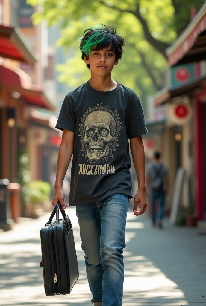A young boy with black hair and green streaks walks down the avenue dressed casually, carrying a black briefcase in his hand.