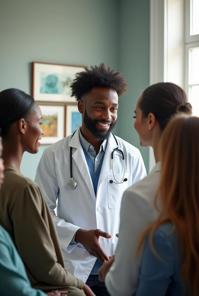 Make a picture of a sexy MALE doctor with curly hair and beard, that he is dark and that his hair is afro style but not so voluminous, serving several sexy female patients in his office, 
