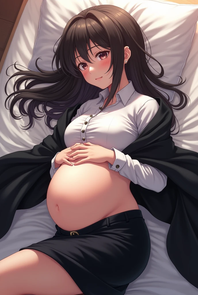 Elaina,anime girl, lie on a bed,white shirt,black skirt,black cloak, pake face, sweating, heavy breath, blushing, pregnant, spread legs, (best quality:1.2), ultra-detailed,realistic ,portraits, vivid colors, soft lighting, interesting PoV,