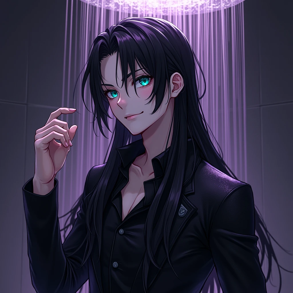 A sexy young male, black long hair, teal blue eyes. Gothic clothes. (Male) (no facial or body hair)) masterpiece, best quality, ultra-detailed, best shadow), (detailed background) (Purple and black) pretty handsome. wet, bottom angle, soaking wet, under a shower. Sexy Cute. No facial hair. No body hair. Wet clothes. Wink. Seductive. Wet. Under a shower. Sexy. Pale and white skin like a vampire. Smirking. Anime style.