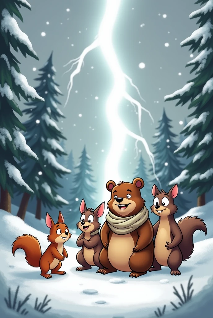 A flash illuminates the forest ,harsh winter, cartoons