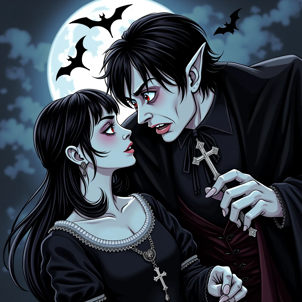 Imagine a scene set in the Middle Ages under the light of a full moon. In the center, a vampire with black hair and red eyes is in a posture of alarm, almost as if surprised or scared. Its appearance is somewhat monstrous, with pointed ears and sharp features. He wears dark and elegant clothes typical of the time, which highlights his gothic and mysterious nature. In front of him, there is a young woman with black hair, not very long, adorned with bangs that frame her face. His eyes are also black, reflecting fear as he holds a crucifix in both hands, protecting himself from the creature. She wears a simple but elegant dress, characteristic of medieval fashion. The background is dominated by a dark sky with a bright full moon, and several silhouettes of bats flying around, which adds an ominous and terrifying atmosphere to the scene.