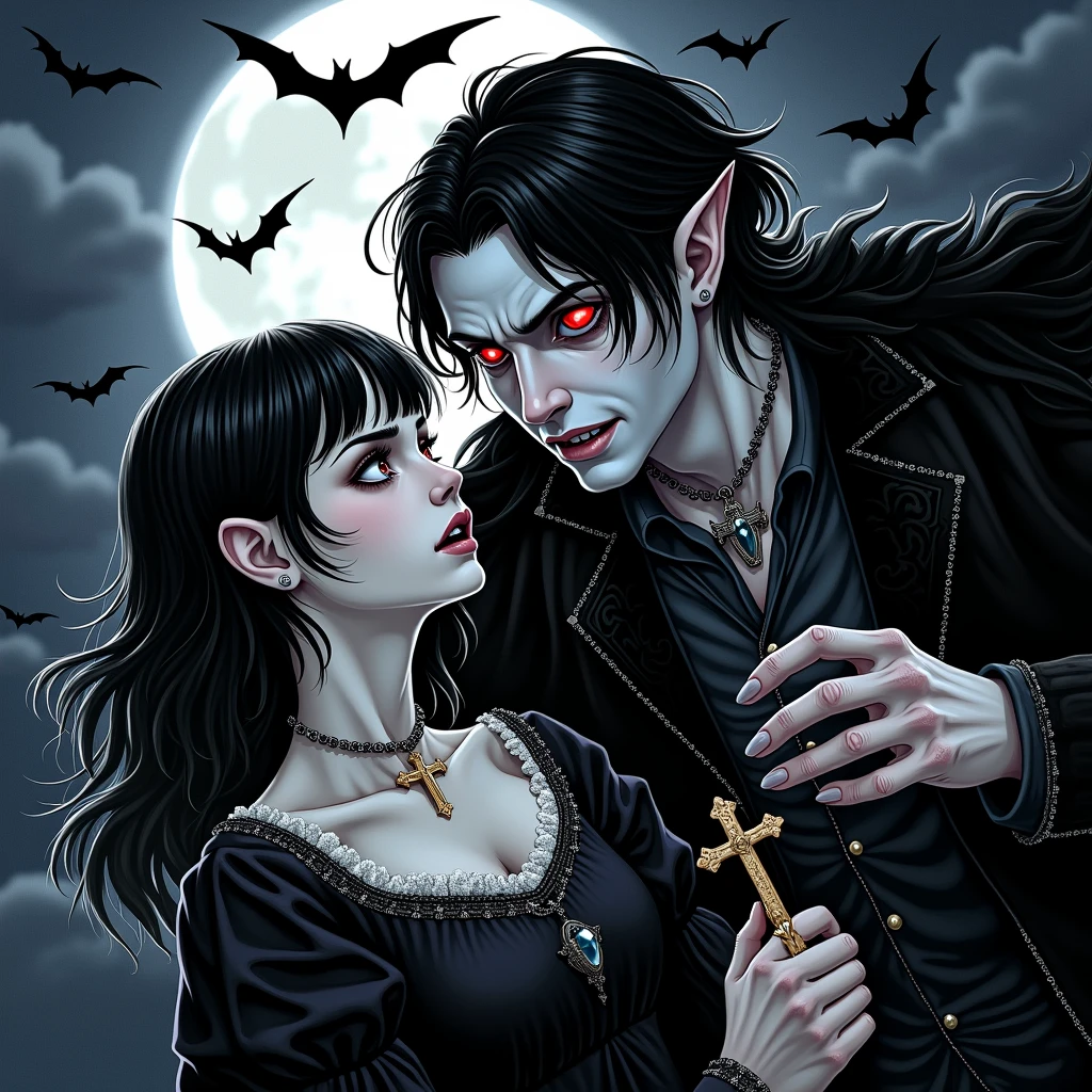 Imagine a scene set in the Middle Ages under the light of a full moon. In the center, a vampire with black hair and red eyes is in a posture of alarm, almost as if surprised or scared. Its appearance is somewhat monstrous, with pointed ears and sharp features. He wears dark and elegant clothes typical of the time, which highlights his gothic and mysterious nature. In front of him, there is a young woman with black hair, not very long, adorned with bangs that frame her face. His eyes are also black, reflecting fear as he holds a crucifix in both hands, protecting himself from the creature. She wears a simple but elegant dress, characteristic of medieval fashion. The background is dominated by a dark sky with a bright full moon, and several silhouettes of bats flying around, which adds an ominous and terrifying atmosphere to the scene.