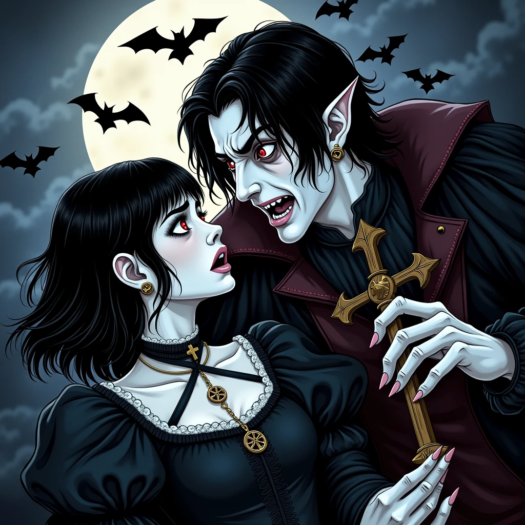 Imagine a scene set in the Middle Ages under the light of a full moon. In the center, a vampire with black hair and red eyes is in a posture of alarm, almost as if surprised or scared. Its appearance is somewhat monstrous, with pointed ears and sharp features. He wears dark and elegant clothes typical of the time, which highlights his gothic and mysterious nature. In front of him, there is a young woman with black hair, not very long, adorned with bangs that frame her face. His eyes are also black, reflecting fear as he holds a crucifix in both hands, protecting himself from the creature. She wears a simple but elegant dress, characteristic of medieval fashion. The background is dominated by a dark sky with a bright full moon, and several silhouettes of bats flying around, which adds an ominous and terrifying atmosphere to the scene.