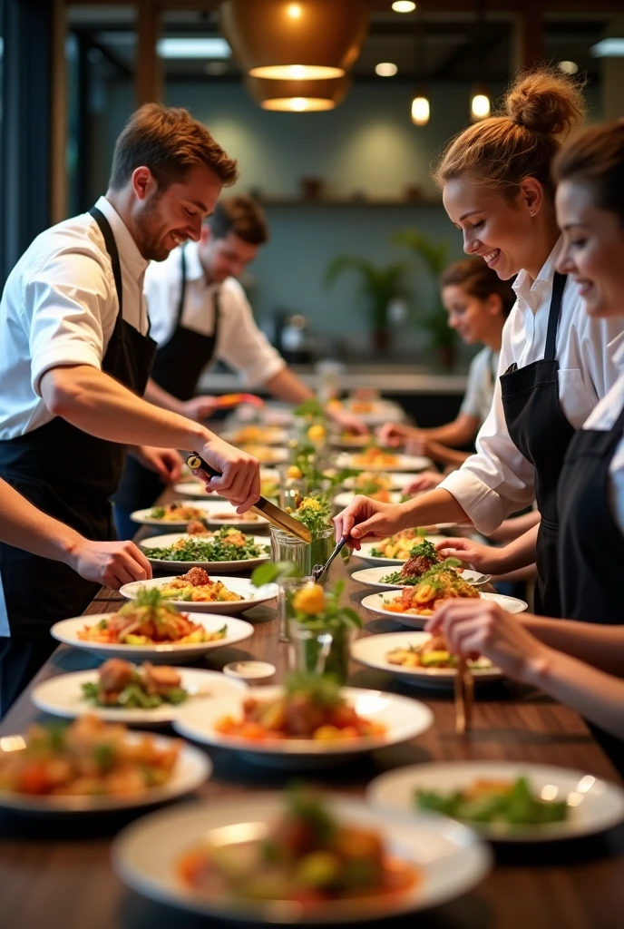 Images of target customers as chefs in a fine dining restaurant, a hospital with patients receiving personalized meals, or families at home trying out innovative foods.