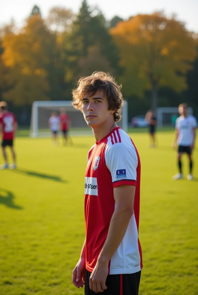 A 17 year old football player training in training camp ,Wearing a white and red jersey,Number 9, The jersey says Rot-Weiss Essen , photographed from behind, wavy brown hair