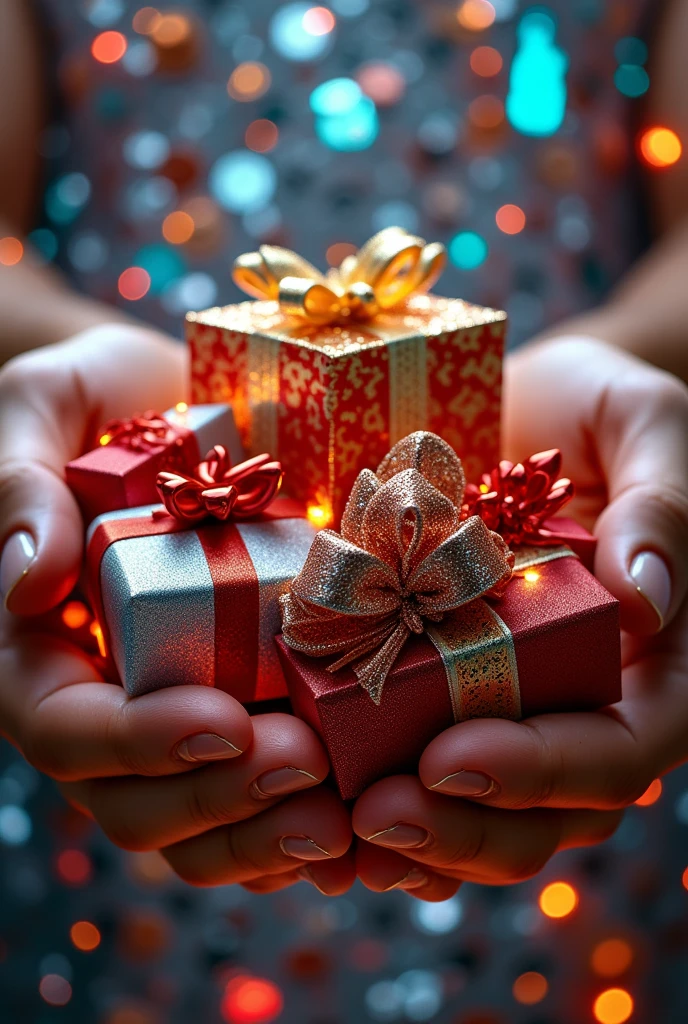 Beaucoup de cadeaux posés sur des mains d'homme entouré de mur fait de diamant