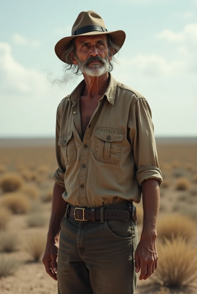 A 57 year old man,smoker,wiry hair , he has yellow teeth,mustache,pessimist,he wears worker's clothes, and a hat .In the background a pampa looking ahead smoking is poor