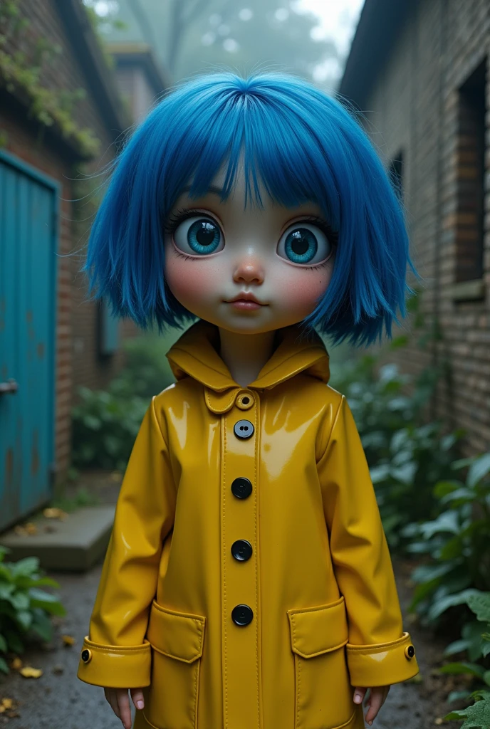 Create a realistic image of Jeon Jungkook from BTS, portraying the character Coraline in a live-action adaptation of the movie 'Coraline.' He should have Coraline's signature blue hair, button eyes, and wear a yellow raincoat with matching boots. The background should evoke the eerie, whimsical atmosphere of the Coraline movie, with a blend of the real world and the Other World, including elements like the iconic door and spooky garden.