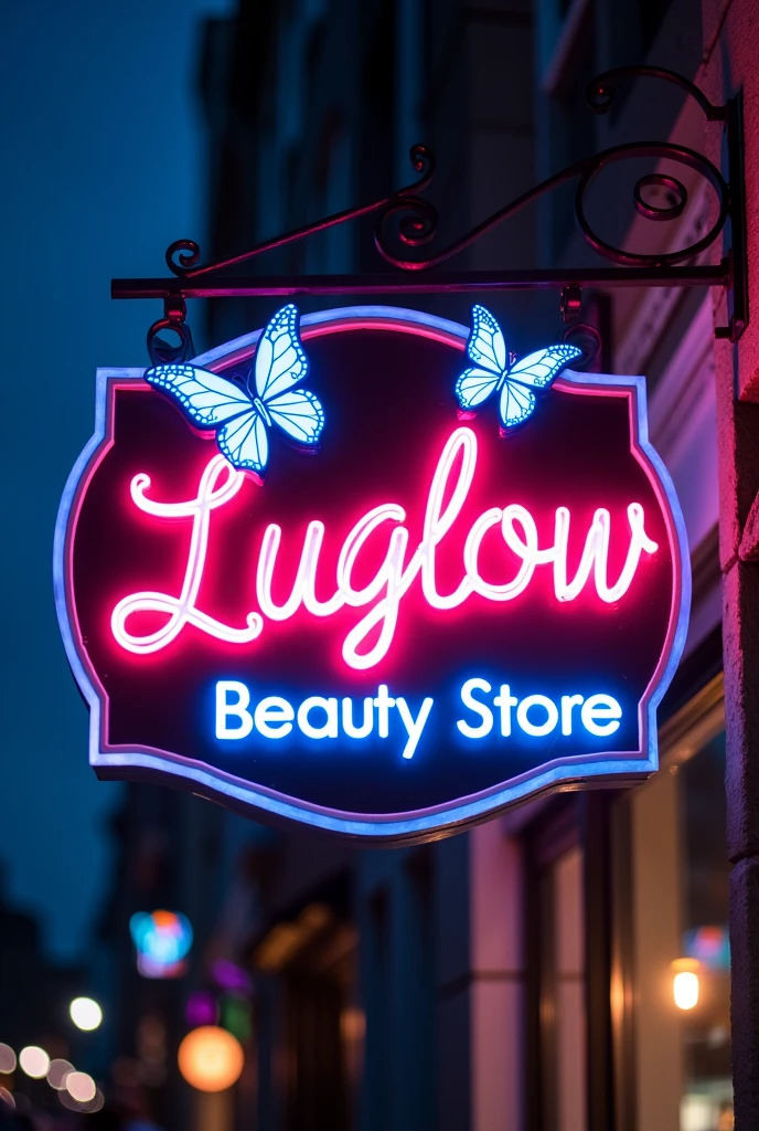 LED sign that says luglowbeautystore with butterflies 