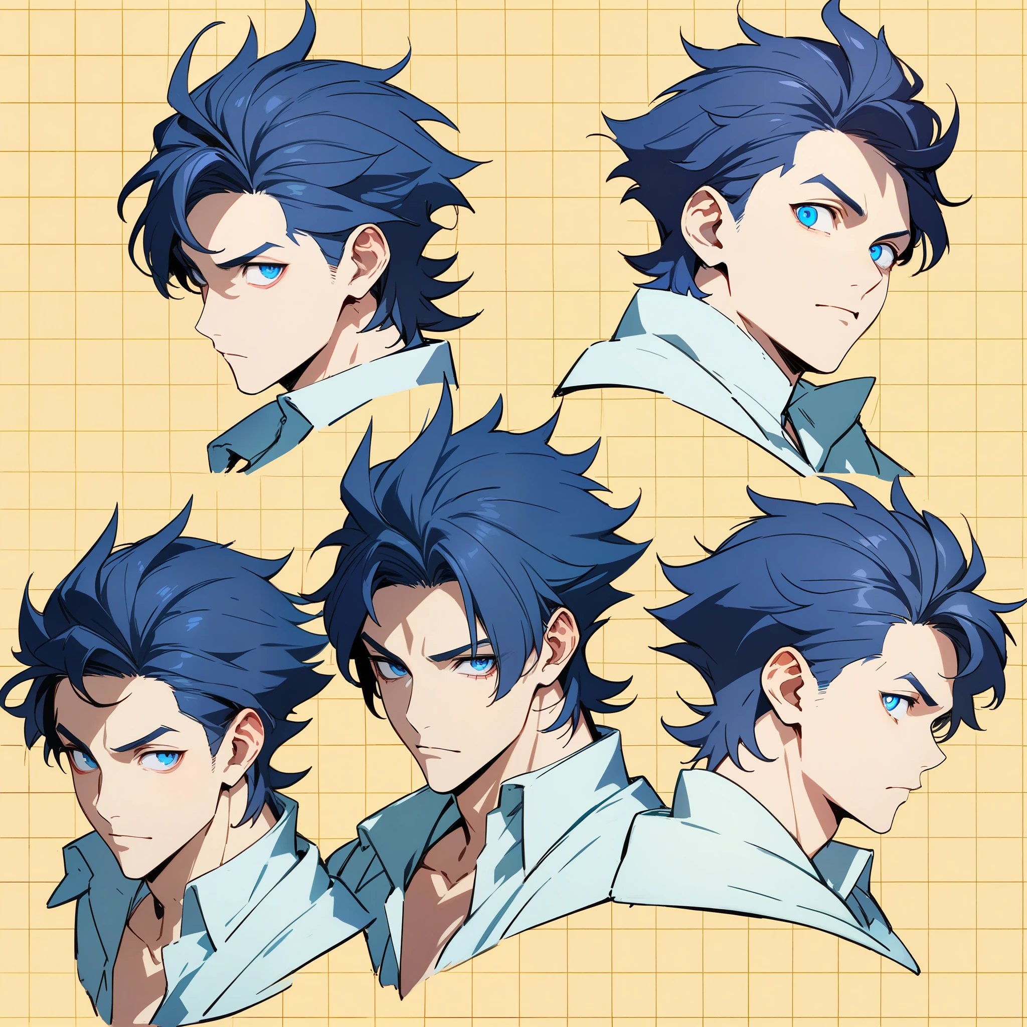 anime boy, dark blue hair, blue eyes, head, same boy, different angles, grid, 9 faces, high quality, concept, handsome, spiky hair, perfect lineart, sharp lineart, best quality, high quality, best quality, ultra-detailed, HD, beautiful lighting,