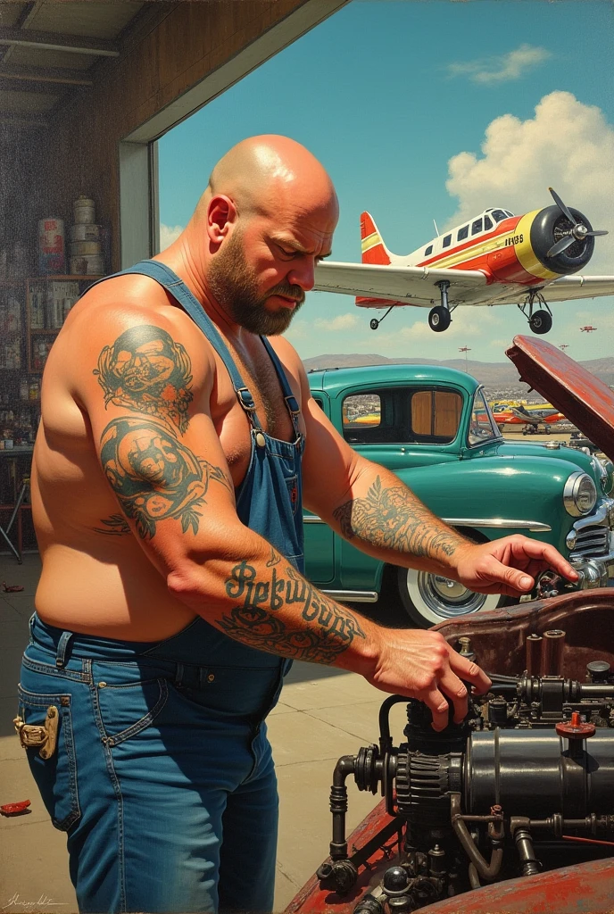 a painting of planes and cars from the 70s with a light skin bald 250pound guy with tattoos and glasses smoking and working on them and one of his tattoos say reckless