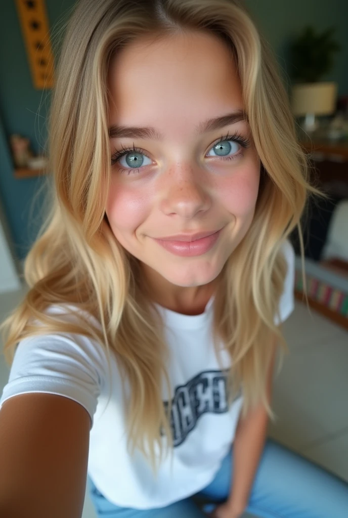 create 17 year old girl, average looking blonde, blue eyes, looking directly into camera, upper body selfie, wearing casual clothes, side view