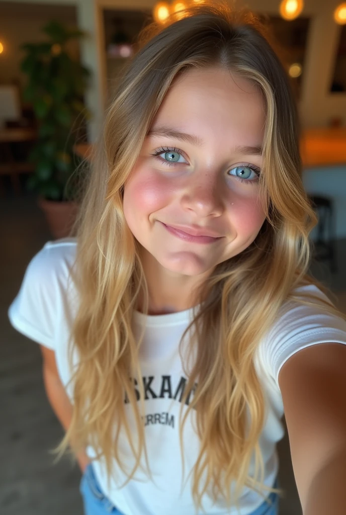 create 17 year old girl, average looking blonde, blue eyes, looking directly into camera, upper body selfie, wearing casual clothes, side view