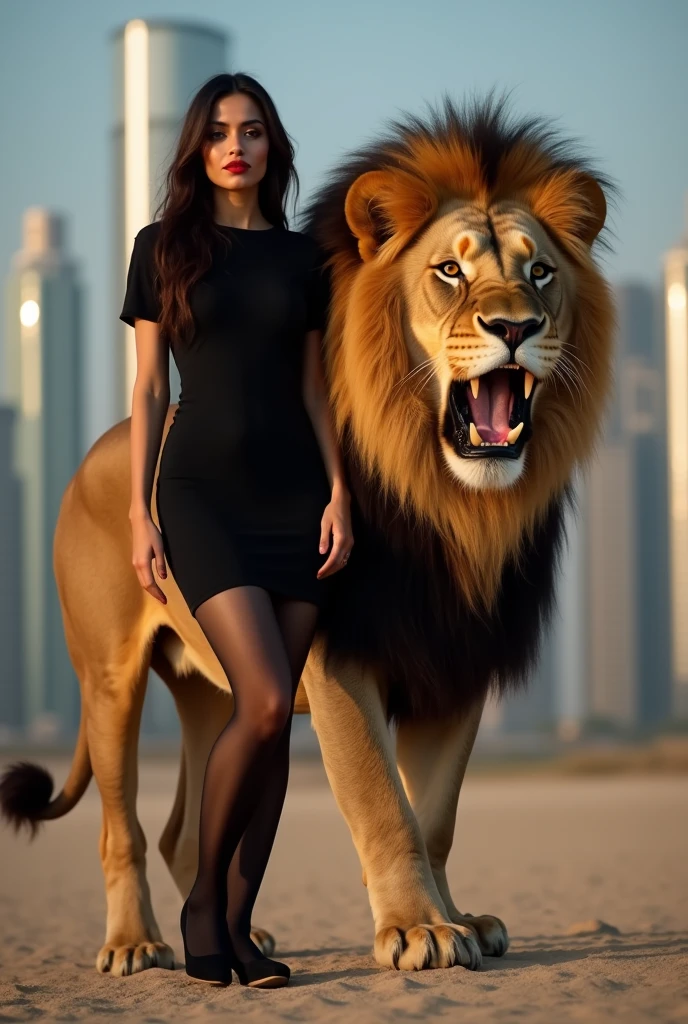 Show entire body, feet in view, gorgeous Pakistan supermodel, huge breasts , wearing tight t-shirt dress, sheer black pantyhose, flats, Clear eyes、red lipsticks, standing next to an angry lion、Create a slender lower body curve、Expressing adult femininit, Dubai,