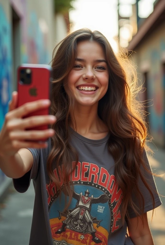 Une fille brune réaliste fait un selfie avec un t-shirt Thunderdome, et un iphone
