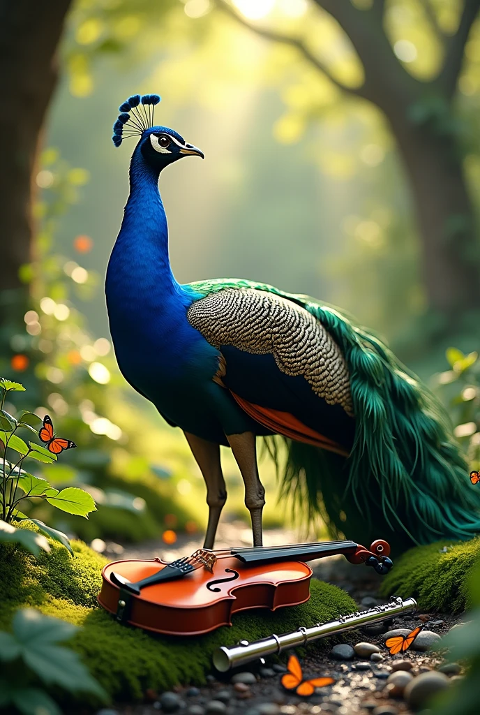 a peacock in nature and a violin or transverse flute 