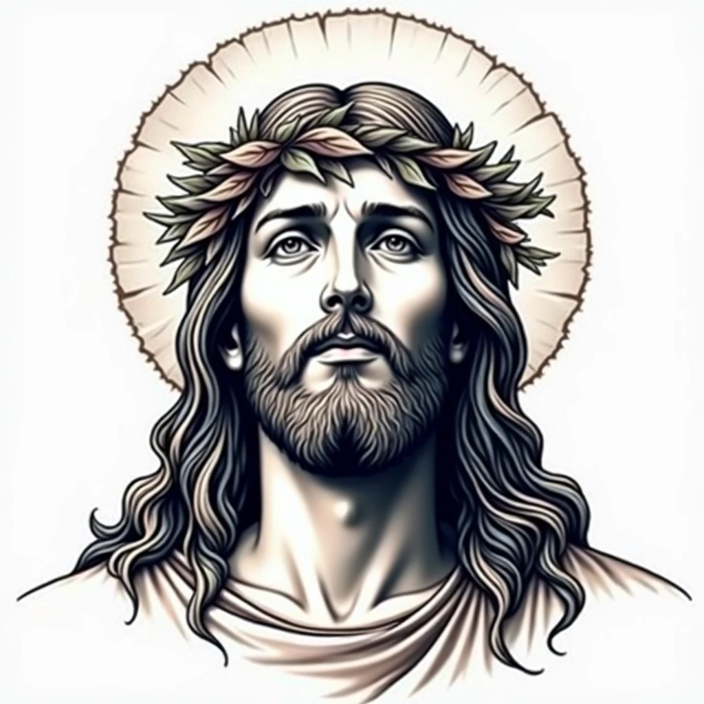 Create an image of Jesus Christ in the style of a drawing on an old sheet of paper with traces of old leaves and a brownish color.