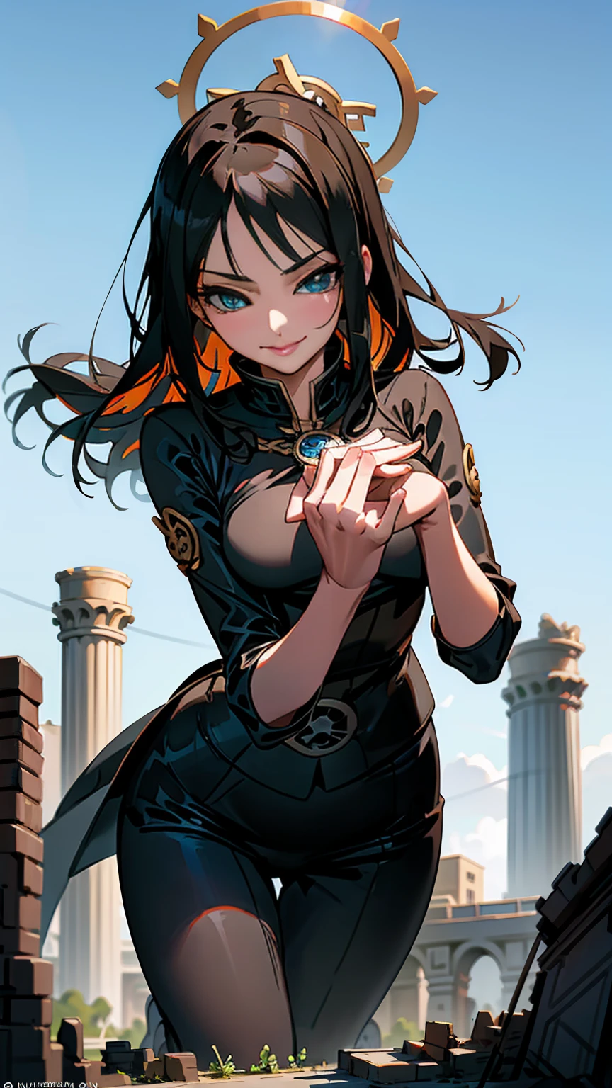 Giantess ((Nico Robin from One Piece)) mysterious and intelligent (masterpiece best quality) calm smile, eyes filled with wisdom (real picture intricate details) (1 lady solo tall and elegant figure) long black hair, sharp blue eyes (tight archaeologist outfit, emphasizing her intellect and grace) towering over a tiny pirate, her hands gently but firmly holding him in place, the difference in their power making her feel a deep, intellectual satisfaction. She relishes the control she has, her mind racing with possibilities. Background: Ancient ruins, the air thick with mystery and history.

