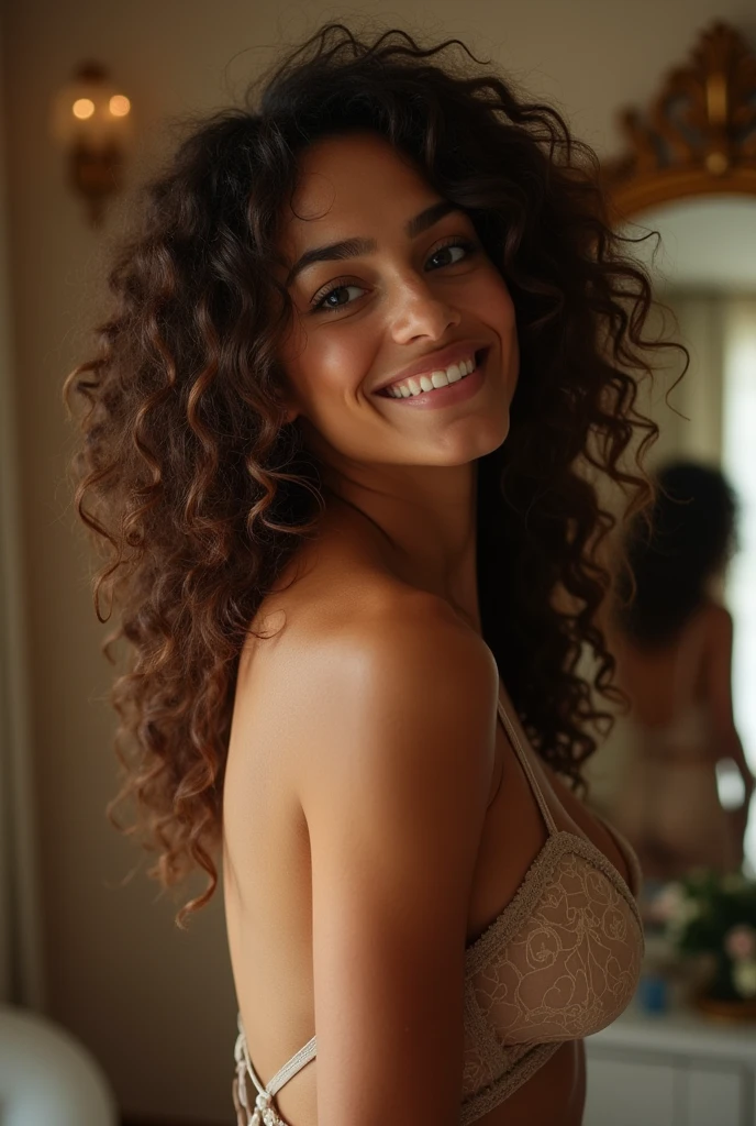 A Brazilian woman with light skin, with voluminous curly hair in a hotel room in front of the mirror, just around the corner, with a close-up capturing your sexuality