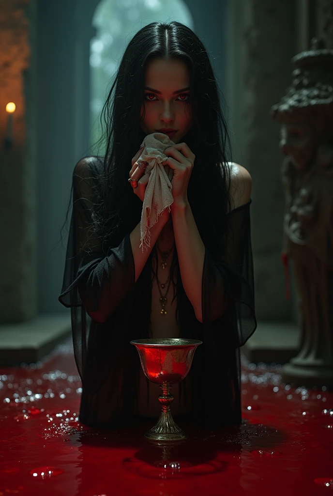 A vampire woman standing sideways looking forward while in a pool of blood and trying to clean her mouth which is also bloody