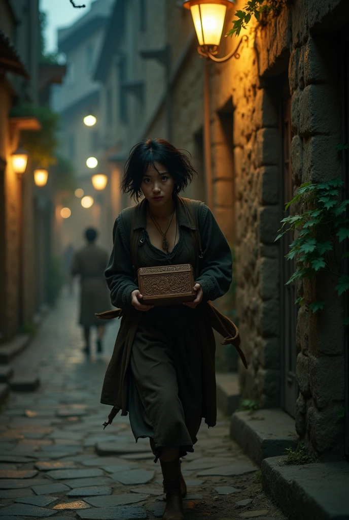 A woman around 23 years old, with short black hair, fleeing in the middle of the night because she stole a small box, The background scenario is of an ancient city, They seem tired from the escape.. Wear old clothes, not too new..