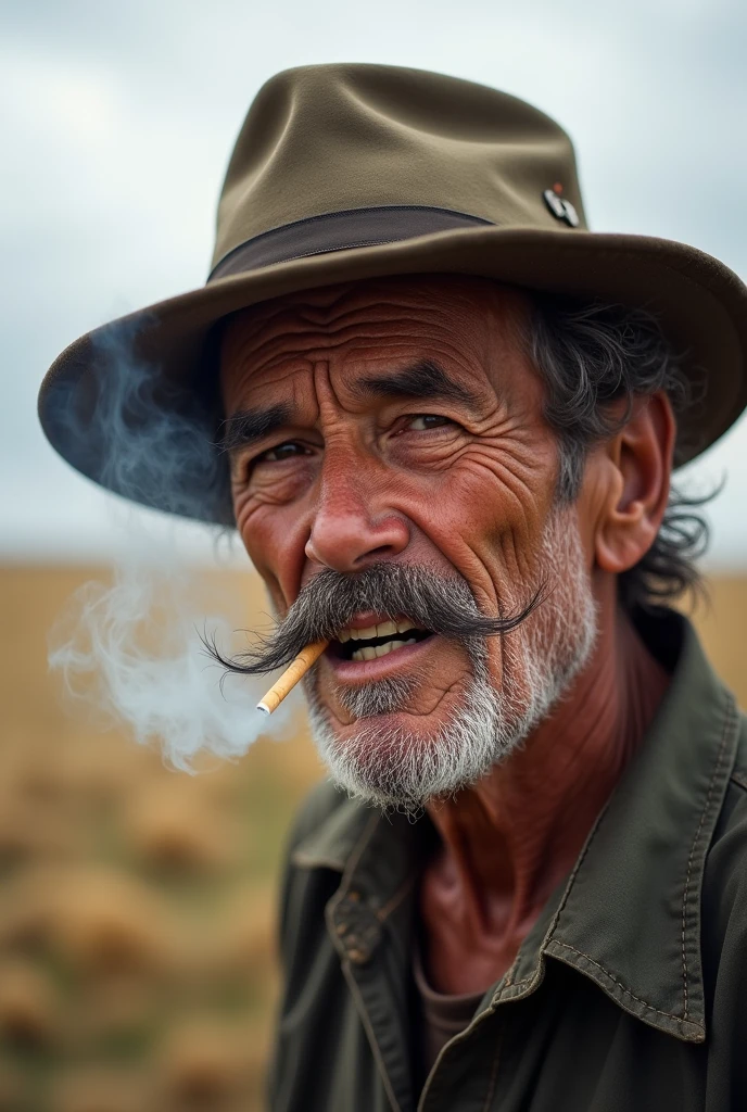 A 57 year old man,smoker,wiry hair , he has yellow teeth,mustache,pessimist,he wears worker's clothes, and a hat .In the background a pampa looking ahead smoking is poor