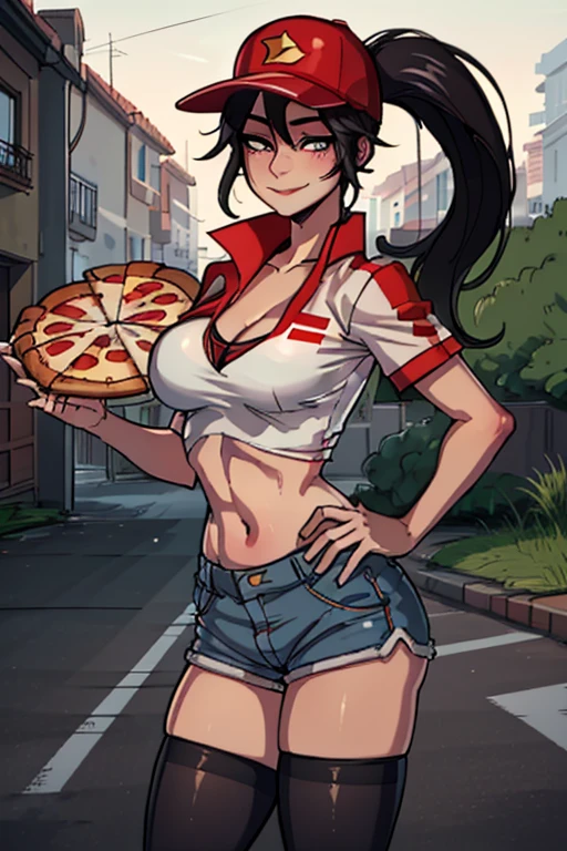 masterpiece, best quality, pdsivir, pizza embroidered baseball cap, ponytail, white crop top, short shorts, red thighhighs, large breasts, looking at viewer, smile, standing, outside house, street, lawn, portrait, close up to face, detailed