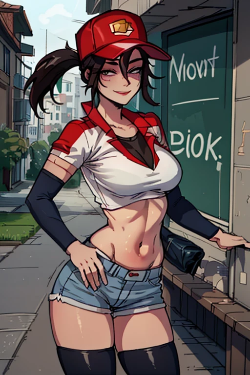 masterpiece, best quality, pdsivir, pizza embroidered baseball cap, ponytail, white crop top, short shorts, red thighhighs, large breasts, looking at viewer, smile, standing, outside house, street, lawn, portrait, close up to face, detailed