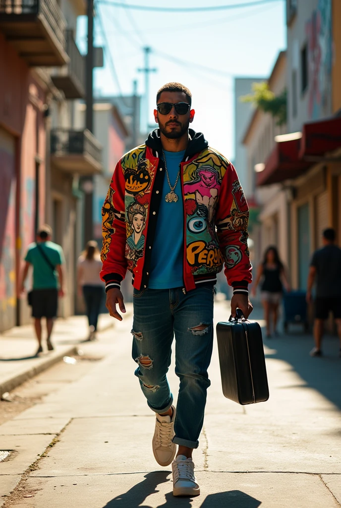 Argentine rapper C.r.Or he walks down an avenue and in his hand he carries a black briefcase