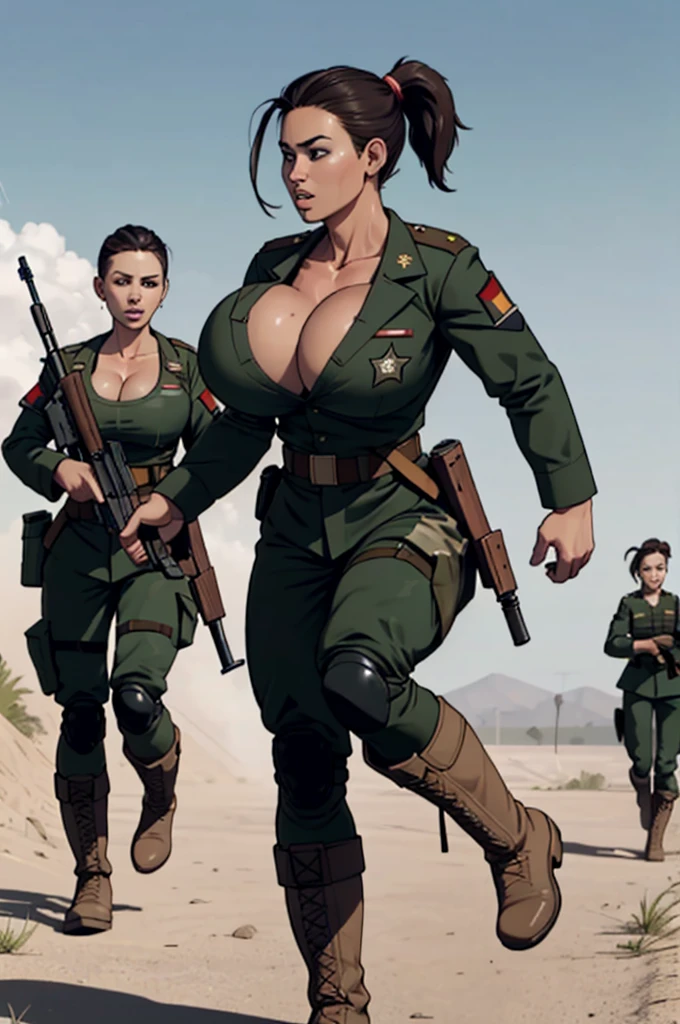 group of female soldiers on the battlefield during a firefight, war photography, (cinematic lighting:1.1), highest quality, photo of (group of fully dressed really tanned 20yo sexy muscular female army special forces with taut clothing military top, ponytail hair, running holding a rifle), (bouncing breasts, motion lines, motion blur), too tight military shirt with cleavage, medium_boltedontits, perfectly round breasts, breast implants, unaligned breasts, perfect face, parted lips, dumb expression, (wearing military Combat uniform, battlepack, boots:1.2), athletic body, on the battlefield, fake tits, bootsnutes, explosions, war, 