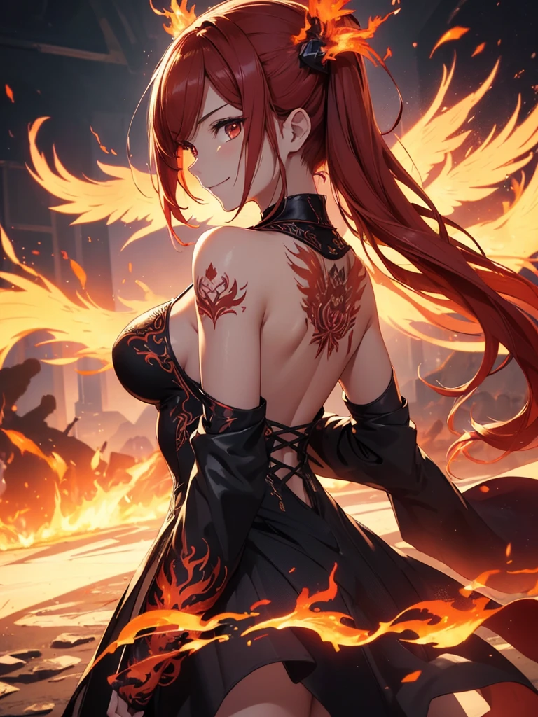 (((best quality, sharp image, clear image, cinematic lighting, 8k resolution, masterpiece, ultra detailed, intricate))) Girl casting magic, (((looking over left shoulder))), (shot from behind), ((shot from hip up)), fiery red hair, pigtails, ((intricate black dress)), ((flaming sigils, flaming runes)), spiky rock formations, (flaming lotus flowers frame), (intricate background), (chaotic background), ((Phoenix)), (swirling flames), smiling,tatoo on back
