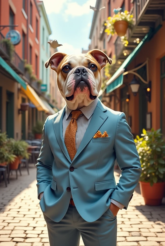 A bulldog in a light blue men&#39;s suit 