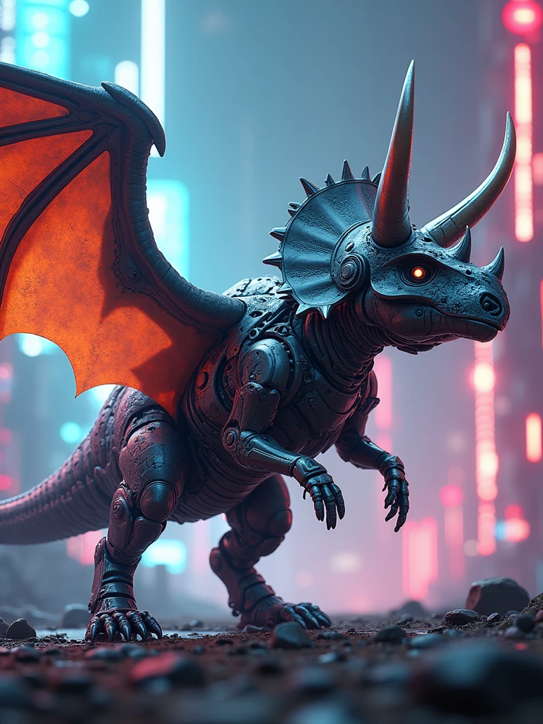 Here is an expanded version of your prompt:
"A futuristic robo dinosaur, an impressive fusion of a triceratops and a pterodactyl. This hybrid creature has the sturdy, armored body and three prominent horns of a triceratops, combined with the powerful wings and elongated beak of a pterodactyl. Metallic scales cover its body, gleaming under the light, with intricate mechanical joints visible at the wings and limbs. The wings are vast and bat-like, made of advanced materials, allowing for both flight and formidable ground presence. The eyes glow with an intelligent, robotic light, and intricate circuits and gears can be seen beneath the semi-transparent exterior. The scene captures the robo dinosaur in a dynamic pose, perhaps mid-flight or landing, showcasing both its power and technological sophistication."
