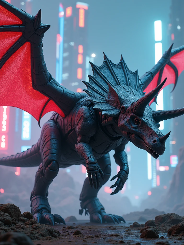 Here is an expanded version of your prompt:
"A futuristic robo dinosaur, an impressive fusion of a triceratops and a pterodactyl. This hybrid creature has the sturdy, armored body and three prominent horns of a triceratops, combined with the powerful wings and elongated beak of a pterodactyl. Metallic scales cover its body, gleaming under the light, with intricate mechanical joints visible at the wings and limbs. The wings are vast and bat-like, made of advanced materials, allowing for both flight and formidable ground presence. The eyes glow with an intelligent, robotic light, and intricate circuits and gears can be seen beneath the semi-transparent exterior. The scene captures the robo dinosaur in a dynamic pose, perhaps mid-flight or landing, showcasing both its power and technological sophistication."