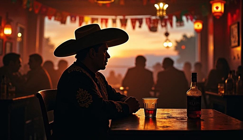 In a cantina, amidst smoke and liquor, a young Mexican charro of 30 years old, absorbed in his thoughts., He holds a nearly empty glass in his hands, while looking through a window where the twilight can be seen on the horizon, 16:9, very detailed shadows and lights accentuate the melancholic atmosphere of the scene, classic atmosphere of a traditional Mexican cantina, in the image there are other people sitting at other tables talking, and you can see the bar of the cantina, all with elements of traditional Mexican culture
