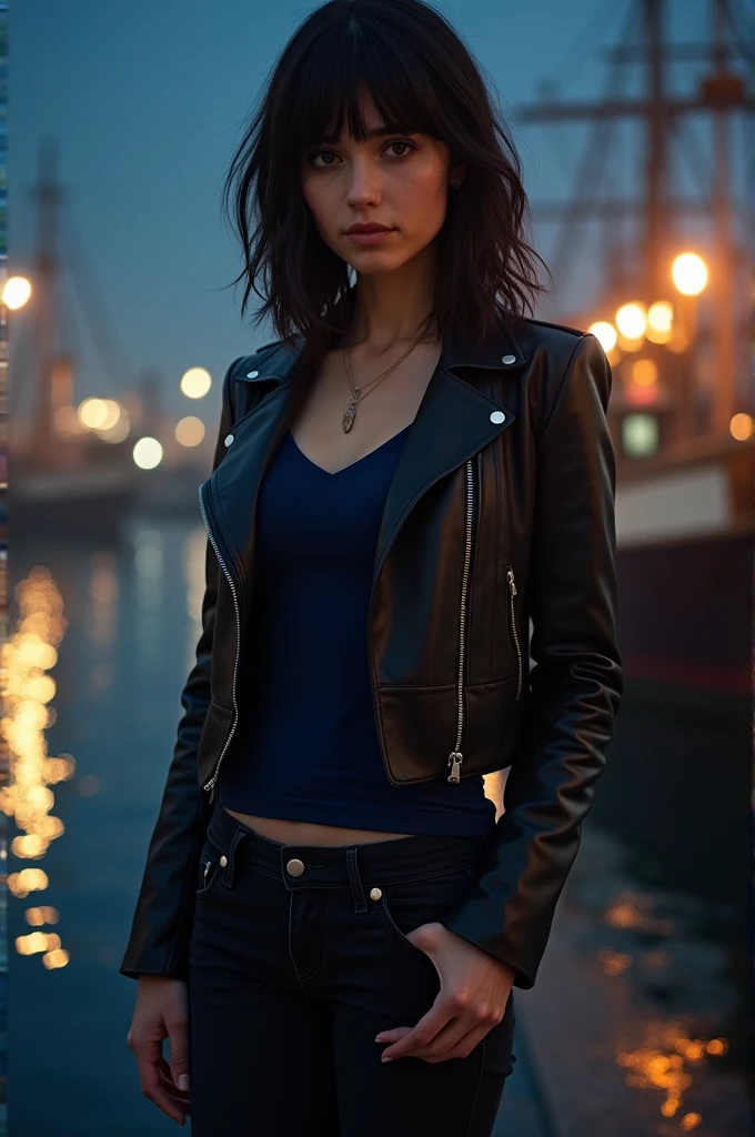 Female character. She has shoulder-length dark brown hair with bangs combed to the sides. Brown eyes, with slight dark circles under them. Defined face just like the part of his neck. Wearing a navy blue v-neck t-shirt with a black leather jacket. Black jeans, paired with ankle boots. Neutral countenance, in a night scene of a port