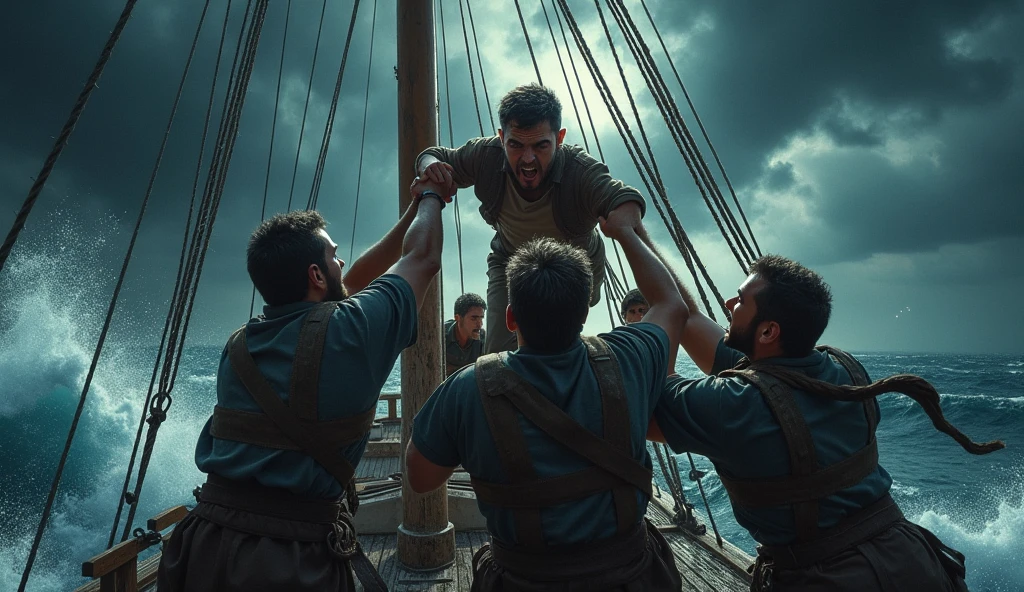 Dramatic scene showing people carrying a man and throwing him off a sailing ship into the sea while the waves are high and the clouds are black