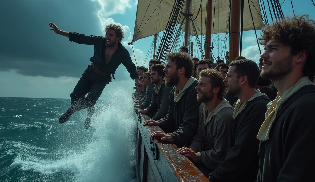 Dramatic scene showing people carrying a man and throwing him off a sailing ship into the sea while the waves are high and the clouds are black