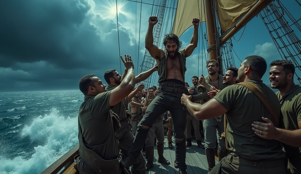 Dramatic scene showing people carrying a man and throwing him off a sailing ship into the sea while the waves are high and the clouds are black  