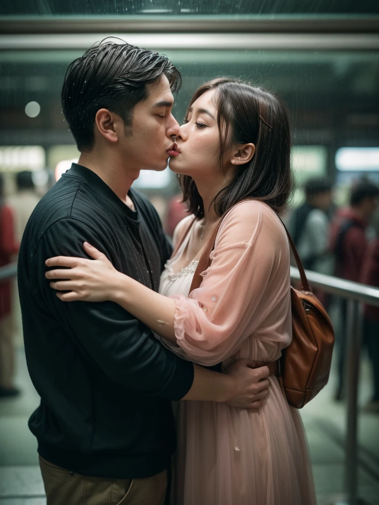 A candid shot on the street, (behind a glass shot:1.2), (best quality:1.5), japanese, (1man and 1girl), 25y a man in casual cloth with short black hair, 25y sweet and chubby girl in pink slipdress and sneakers, take a photo couple in a crowded subway, a man carrying a girl thighs with his arms then giving sex kiss, she has messy mid long bang hair, (carrying posing:1.3), real couple, (having sex:1.3), 120 film looks, (water drop in glass surface:1.3), (very close crowded:1.3), (motion blur:1.2), ambient lighting, night, (rainy outside:1.2), detailed face and eyes, detailed nose and lips, very highly detailed, surreal view, (sharp focus:1.3), shot by mamiya analog film, (aesthetic photography:1.3), (dynamic wide angle:1.3)