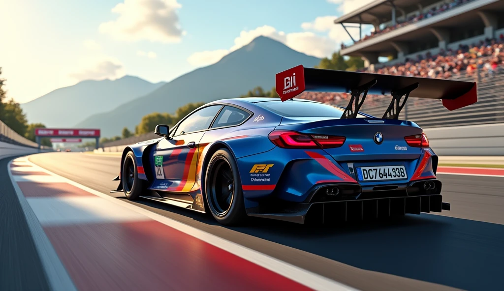 Life like realistic, Ultra detailed BMW Racing car side view, photo finish, best quality, (masterpiece:1.2), high quality, absurdres, highres, hyper detailed, RAW, detailed background, depth of field,